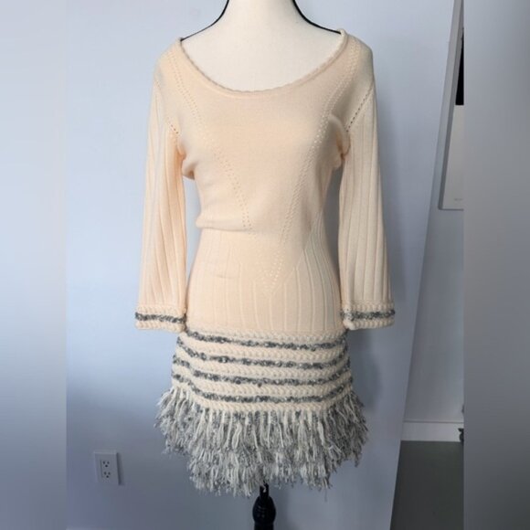 Luisa Spagnoli Dresses & Skirts - Luisa Spagnoli Cream Ribbed Knit Fringe Sweater Dress | Size S | Made in Italy